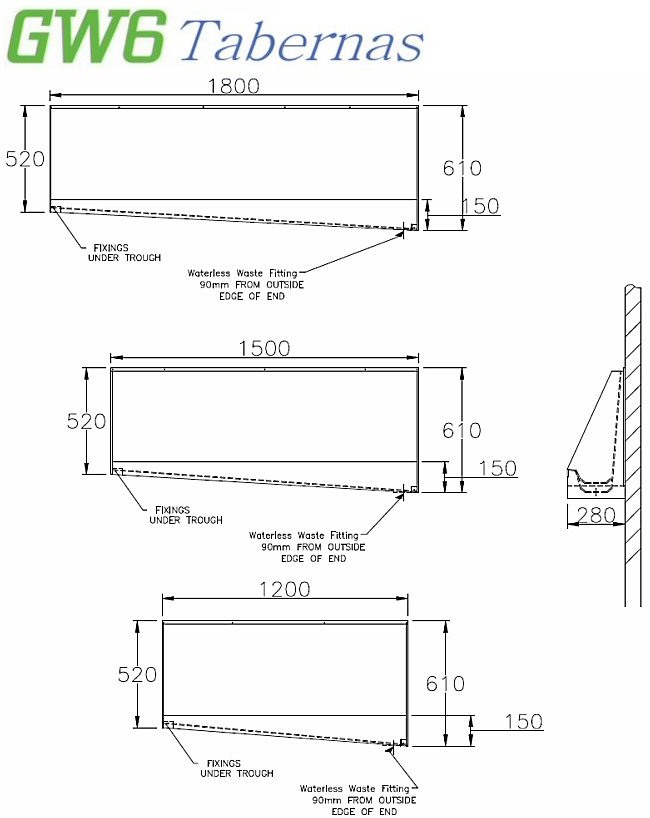 1800mm GW6 Tabernas Stainless Steel Waterless Urinal Trough